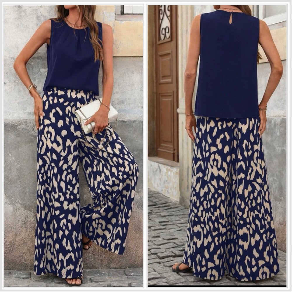 Women’s Navy & Cream Wide-Leg Pants Set